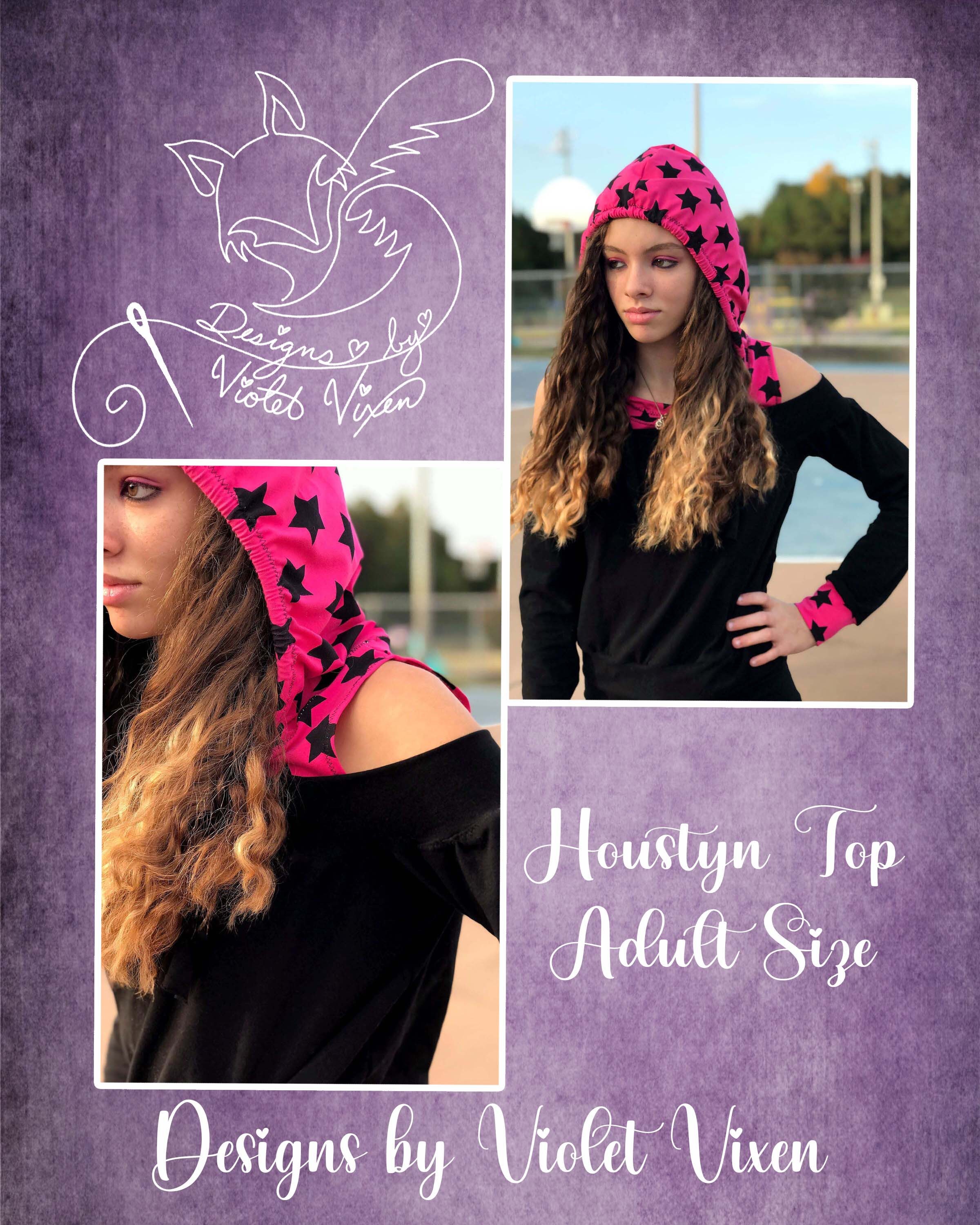 Houstyn Cold Shoulder Top Hoodie PDF Pattern Adult Sizes XXS-3X, Boutique Style, A0 and Projector File, Adult, Plus, Teen Sewing Pattern