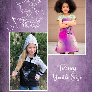 May include: Two girls wearing different clothing designs. The girl on the left is wearing a black and white hooded shirt with a deer graphic. The girl on the right is wearing a purple dress with a galaxy print and a cartoon character graphic. The text "Designs by Violet Vixen" is at the bottom of the image.