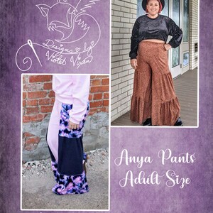 May include: Anya Pants Adult Size sewing pattern by Designs by Violet Vixen. The pattern features a line drawing of a fox with a needle and thread. The image shows a model wearing the pants in a brown and white animal print.