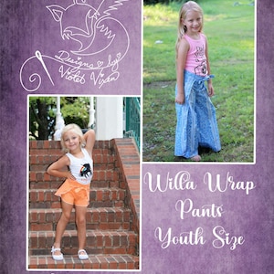 Op de afbeelding: Een paarse achtergrond met drie afbeeldingen van een jong meisje dat kleding draagt. De afbeeldingen zijn wit omlijst. De tekst "Willa Wrap Pants Youth Size" staat in de rechter benedenhoek. De tekst "Designs by Violet Vixen" staat onderaan.