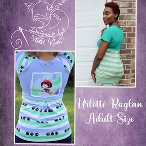 May include: A sewing pattern for a raglan t-shirt with a striped and patterned design. The pattern is called "Urlötte Raglan Adult Size" and is designed by Violet Vixen.