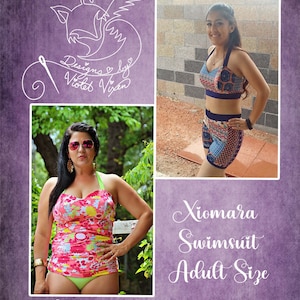 May include: A woman wearing a colourful swimsuit with a floral print. The swimsuit has a halter top and a high-waisted bottom. The text "Xiomara Swimsuit Adult Size" is written in cursive on a purple background. The text "Designs by Violet Vixen" is written in cursive on a purple background.