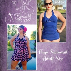 May include: A blue swimsuit with a halter top and a skirt. The swimsuit has a bow at the bust and a heart print. The text "Designs by Violet Vixen" and "freya Swimsuit Adult Size" is on the image.