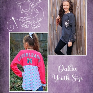 May include: A pink and white long-sleeved shirt with a bow and the word "Cheerleader" in silver glitter. The shirt is shown on a young person wearing black pants. The image also shows a gray long-sleeved shirt with a pocket on a young person wearing black pants. The text "Dallas Youth Size" is at the bottom of the image. The image is from Designs by Violet Vixen.