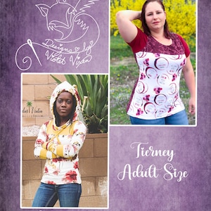 May include: Two women wearing different floral print shirts. The shirt on the left is a long-sleeved hooded shirt with a yellow and white floral print. The shirt on the right is a short-sleeved shirt with a white and red floral print. The text "Designs by Violet Vixen" is visible at the bottom of the image.
