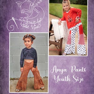 May include: Anya Pants Youth Size, a pattern for making pants for children. The pattern is designed by Violet Vixen. The image shows two children wearing the pants, one in red and white polka dot pants and the other in brown leopard print pants.