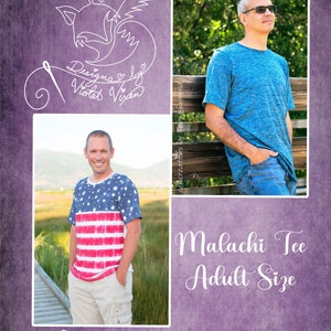 May include: A purple background with a white line drawing of a fox with a needle and thread. The text "Designs by Violet Vixen" is written below the fox. Two photos of people wearing a blue and white striped t-shirt. The text "Malachi Tee Adult Size" is written below the photos. The text "Designs by Violet Vixen" is written at the bottom of the image.
