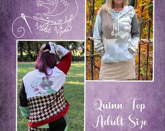 Quinn Color-block Top & Hoodie PDF Pattern Adult Sizes XXS-3X, Boutique Style, A0 and Projector File, Teen, Adult, Plus Sewing Pattern