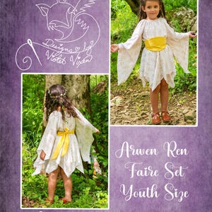 Può includere: Un vestito bianco con una cintura gialla e stampa floreale. Il vestito ha un orlo asimmetrico e fluido ed è indossato da un bambino. L'immagine include anche il testo "Arwen Ren Faire Set Youth Size" e "Designs by Violet Vixen".