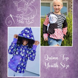 Puede incluir: Dos blusas para niños, una de manga larga a rayas blancas y negras con un bolsillo de lunares rojos y una aplicación de pingüino, y la otra una sudadera con capucha azul y morada con estampado de unicornio. El texto "Quinn Top Youth Size" está escrito en cursiva debajo de las imágenes. El texto "Designs by Violet Vixen" está escrito en cursiva en la parte inferior de la imagen.