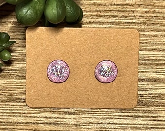 Holographic Pink Circle Earrings * Holographic Glitter Circle Studs * Dainty Light Pink Iridescent Earrings * Hypoallergenic and Lightweight