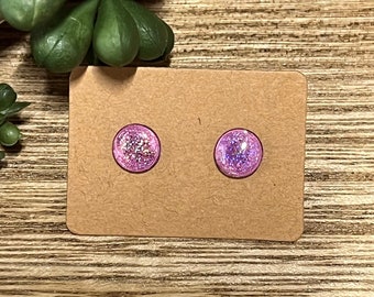 Holographic Pink Circle Earrings * Holographic Glitter Circle Studs * Dainty Dark Pink Iridescent Earrings * Hypoallergenic and Lightweight