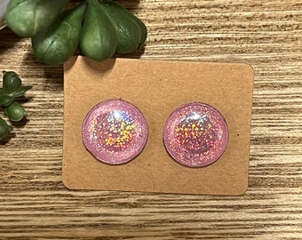 Holographic Pink Circle Earrings * Holographic Glitter Circle Studs * Light Pink Iridescent Earrings * Hypoallergenic and Lightweight