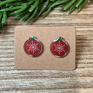 Christmas Snowflake Ornament Stud Earrings * Red Green Ornament Earrings *  Christmas Tree Ornament Earrings * Christmas Bauble Earrings