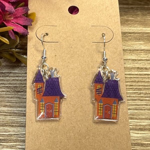 Haunted House Dangle Earrings * Orange Purple Halloween Earrings * Spooky Halloween Jewelry * Hypoallergenic and Lightweight