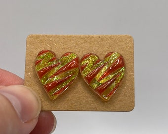 Valentine Glitter Heart Stud Earrings * Red Yellow Heart Earrings * Tiger Stripe Heart Studs * Valentine Gift For Her * Hypoallergenic