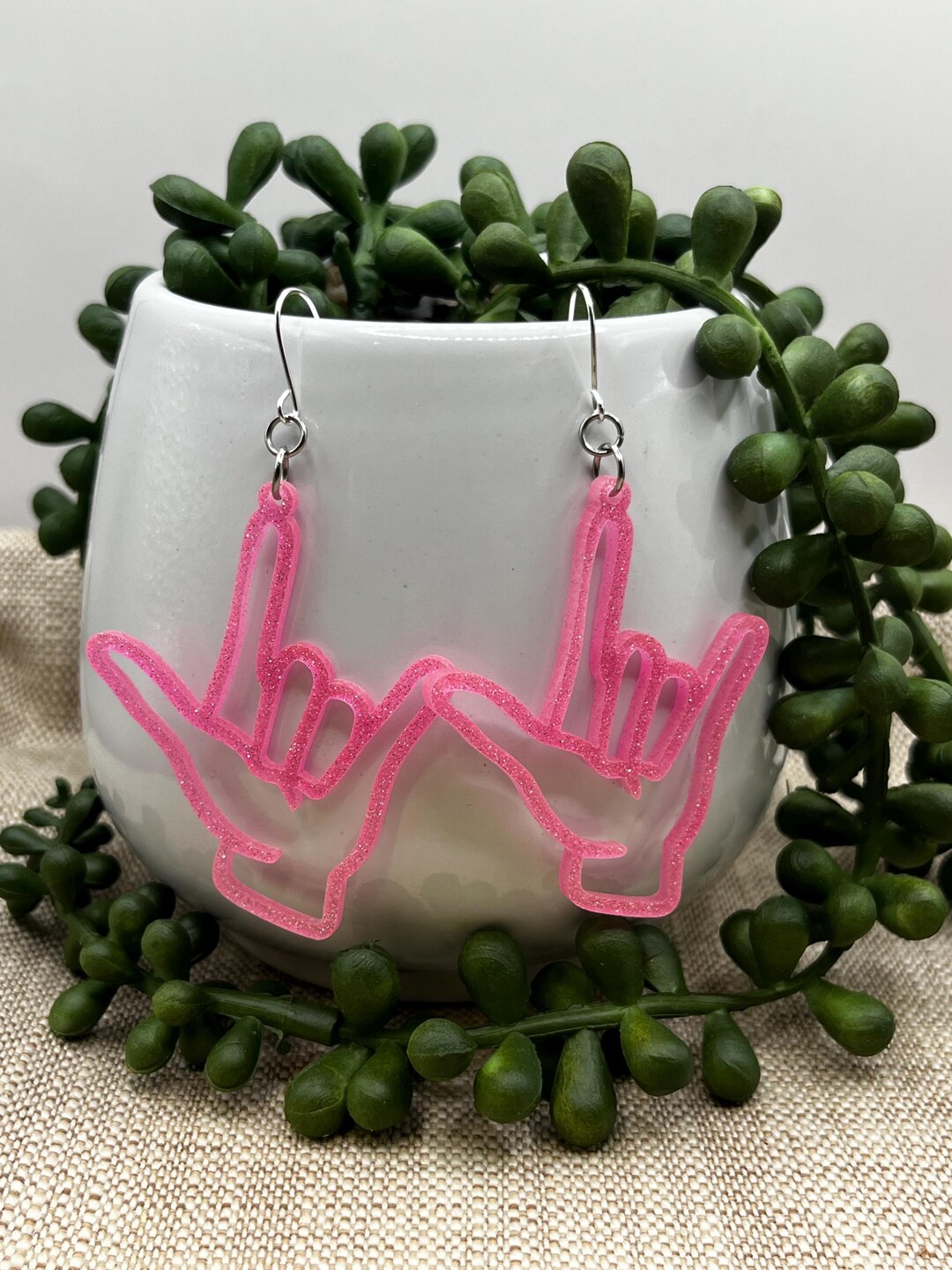 Sign Language I Love You Dangle Earrings * Glittery Pink Hand Symbol ...