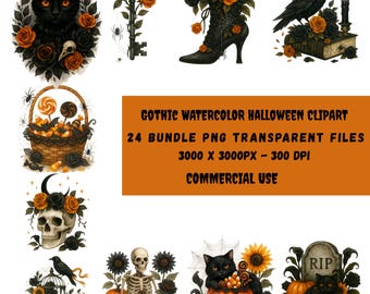 May include: A collection of watercolor illustrations with a gothic Halloween theme. The images include a black cat, key, boot, raven, basket, skull, skeleton, and pumpkins, all adorned with black and orange roses. Text reads: GOTHIC WATERCOLOR HALLOWEEN CLIPART, 24 BUNDLE PNG TRANSPARENT FILES, 3000 X 3000PX - 300 DPI, COMMERCIAL USE.