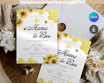 Mama Bee-babyshoweruitnodiging • Sweet As Can Bee-babyshower afdrukbare uitnodiging, genderneutraal bij-thema, bewerkbare canva-sjabloon pdf