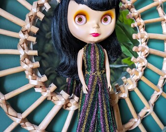 The Goldie 1970s rainbow glitter maxi jumpsuit for Blythe