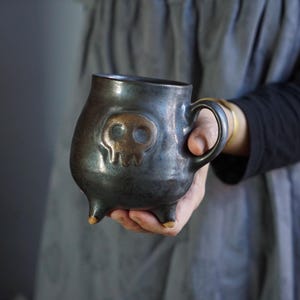 Gold skull mug Pottery witches brew cauldron Ceramic dark gothic design Halloween mug