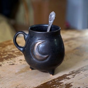 Crescent moon mug Pottery witches brew cauldron Ceramic dark gothic design Halloween mug