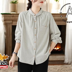 Women&#39;s Doll Collar Striped Shirt | Long Sleeve Linen Top | Elegant Button Cotton Blouse | Soft Loose Fit Blouse | High Street Fashion