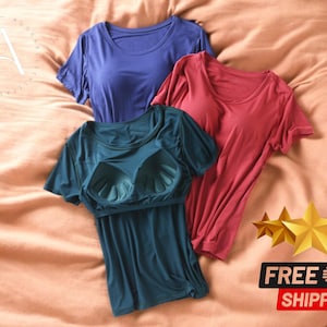 Plain Padded T-Shirt | Women Comfortable Short Sleeve Top | Stylish Work Out Gym Outfit | With Built-In Bra | Plus Size Available