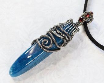 Blue Agate and Sterling Silver Wire Wrapped Necklace Pendant