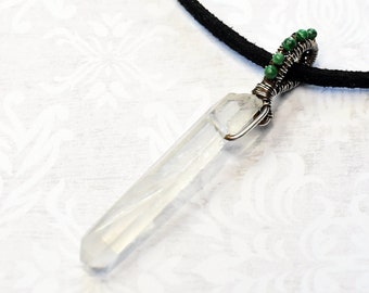 Quartz Crystal Point, Malachite and Sterling Silver Pendant Necklace