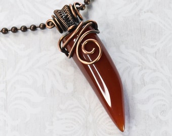 Copper Wire Wrapped Red Agate Claw Necklace