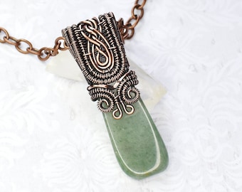 Green Aventurine and Copper Wire Wrapped Necklace