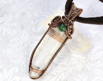 Raw Quartz Crystal Point and Green Aventurine in Copper Wire Wrapped Necklace Pendant