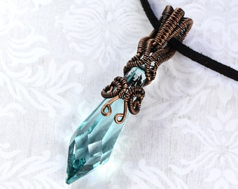 Copper Wire Wrapped Aqua Crystal Prism Necklace