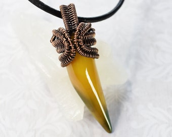 Copper Wire Wrapped Yellow Agate Claw Pendant Necklace