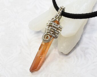 Sterling Silver and Peach Aura Quartz Crystal Point Wire Wrapped Pendant Necklace