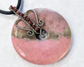 Rhodonite Donut Necklace with Garnets and Sterling Silver on a Black Leather Necklace