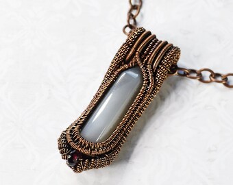 Copper and Gray Agate Heady Wire Wrapped Necklace Pendant