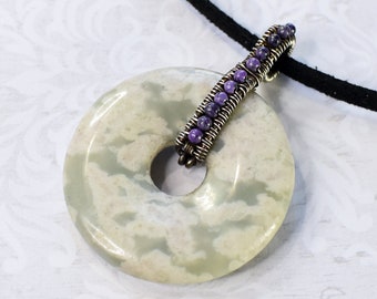 Peace Jade, Sugulite and Sterling Silver Donut Necklace