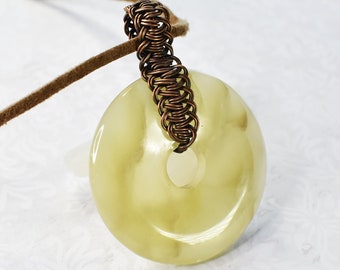 Yellow Green Agate Donut Copper Wire Wrapped Pendant Necklace