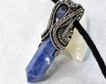 Sodalite Crystal Point Heady Wire Wrap Necklace with Sterling Silver and Fine Silver