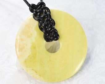 Peridot Jasper Gemstone Donut Necklace with Black Leather Knotwork