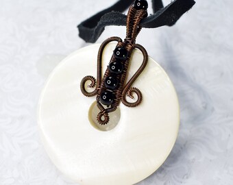 White Shell Donut Necklace with Black Onyx and Copper on a Black Leather Necklace