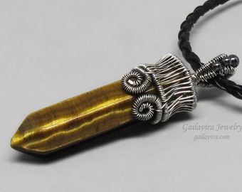 Tiger Eye Crystal Point, Hematite and Fine Silver Pendant