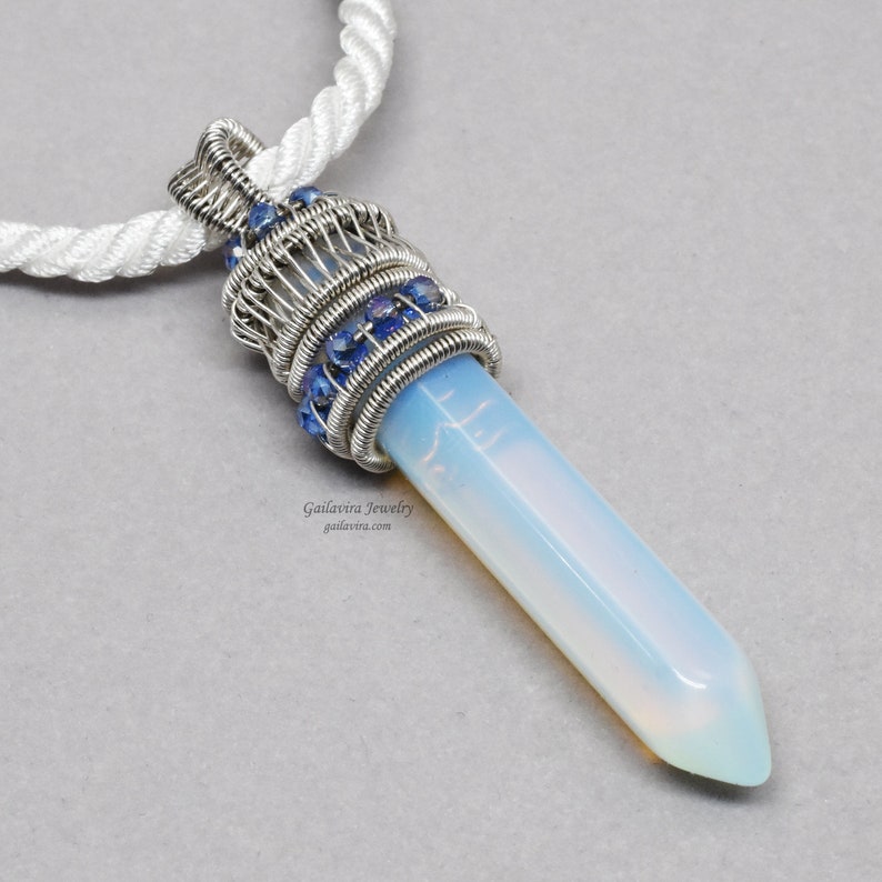 Sterling Silver and Opalite Crystal Point Pendant on a White Rope Necklace