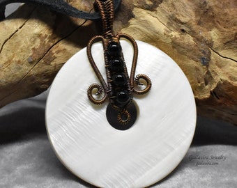 White Shell Donut Necklace with Black Onyx and Copper on a Black Leather Necklace