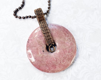 Copper Wire Wrapped Rhodonite Donut Necklace with Reversible Pendant