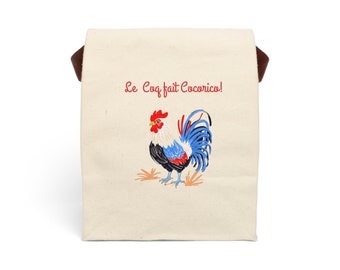 Squisita borsa per il pranzo in tela ''Le Coq fait Cocorico!'' con tracolla, alla moda, couture, design francese