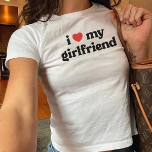 I Love My Girlfriend Baby Tee, Lesbian Shirt, I Heart My GF Crop Top, Pride T-Shirt, Valentines Day Gift, Y2K TShirt, 90s Tee, LGBTQ Shirt