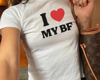 I Love My BF Baby Tee, I Heart My Boyfriend Crop Top, Valentines Day Gift, Anniversary Gift, Gift for Girlfriend, Y2K TShirt, 90s Tee Shirt